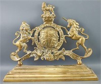 Cast Brass Royal Coat of Arms Fireplace Chenet