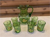 VINTAGE HAND PAINTED GLASS PITCHER WITH 6 GLASSES