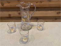 VINTAGE HAND PAINTED GLASS PITCHER & 3 GLASSES