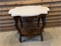 ANTIQUE ORNATE WOOD TABLE WITH MARBLE TOP