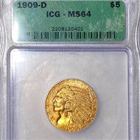 1909-D $5 Gold Half Eagle ICG - MS64