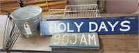 Galvanized Steel Pail, Wire Rack & Wood Signs