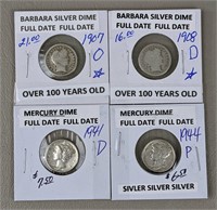 Four Silver Dimes Barber & Mercury (90% Silver)