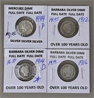 Four Silver Dimes Barber & Mercury (90% Silver)