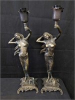 Pair of vintage bronze female figurine lamps