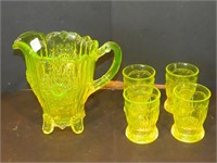 Vaseline Glass Pitcher and Four Glasses