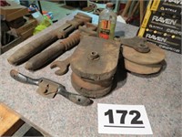 WOODEN PULLEYS, OLD WRENCHES, ETC.