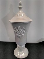 Ceramic covered urn, approx 6" x 6" x 17"