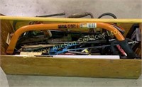 Box of Assorted Tools: Hand Saws, Wrenches,