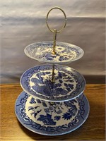 EARLY BLUE WILLOW 3 TIERED SWEET TRAY