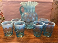 BLUE AND WHITE OPALESCENT PITCHER SET
