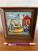 SMALL FRAMED NEEDLE POINT OF FISHING BOAT