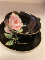 MADE IN OCCUPIED JAPAN - BLACK TEACUP WITH ROSE