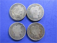 4 Barber 90% Silver Dimes-(2-1907,1908,1914)