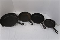 4 Cast Iron Fry Pans-9",7".5 1/2"(pre-seasoned),