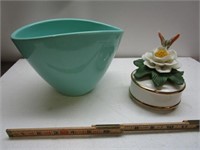 Oval Turquoise Bowl Made in Germany & Figurine
