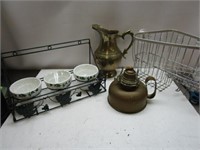 Wire Rack Planter, Brass Pitcher, Oil Lamp Base &