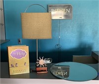 Lamp, mirror, card holder, book