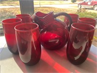 Ruby red glass pitcher & tumblets