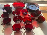 Ruby red glass plates bowls cups saucers