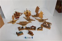 Eleven Balsa Wood Boats & Figurines