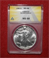 1988 Silver Eagle Dollar MS68  ANACS