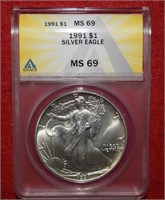 1991 Silver Eagle Dollar  MS69  ANACS