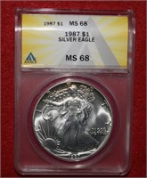 1987 Silver Eagle Dollar MS68  ANACS