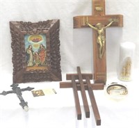 3 religious crosses/crucifixes and framed picture