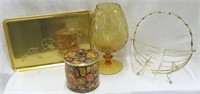 Wire basket & tray-gold color-amber glass vase