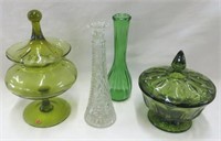 Glass- covered footed MC dishes-2 + vases-2