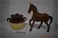 McCoy Bean Pot & Very Nice Carved Wooden Horse