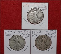 (3) Walking Liberty Half Dollars 1917, 1917D &