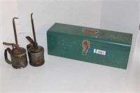 Two Vintage Oil Cans and Metal Tool Box.