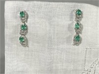 Emerald & Diamond Dangle Earrings - 14k White Gold