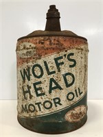 Large vintage Wolf’s Head Motor Oil fuel can