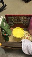 Misc lot.  Christmas.  Tupperware.  Doll. Sheets.