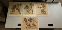 Vntg Football Drawings/Prints/Pics 1960-Set of 4