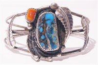 Navajo Sterling Silver Turquoise Coral Bracelet***