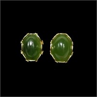 14K Yellow gold oval cabochon jade post earrings
