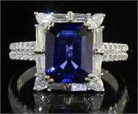 14kt Gold 4.66 ct Step Cut Sapphire & Diamond Ring
