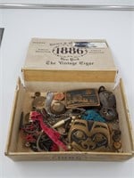 Vintage cigar box with assortment of vintage jewel