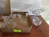 TRAY OF CUT GLASS, COMPOTE, CANDLE HOLDERS