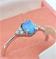 Sterling Silver 6x4mm Synthetic Opal & CZ Ring,