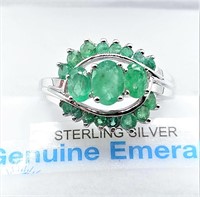 Sterling Silver genuine Emerald Cocktail Ring,