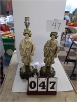 Asian Chalkware Lamp Pair (Tested)