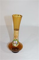Bohemian Hand Painted Amber Glass wtih Flowers