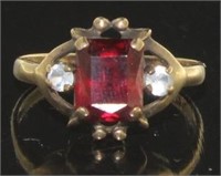 10kt Gold Antique Step Cut Ruby & Zircon Ring