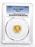 1873 $1 Gold Coin PCGS, Open 3, MS62