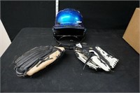 2 Baseball Gloves and Helmet